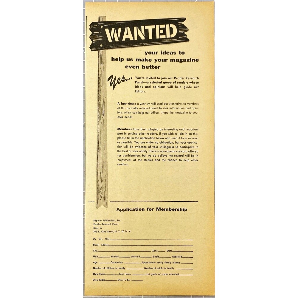 Popular Publications "Make Your Magazine Better: Reader Research Panel" Ad 1954
